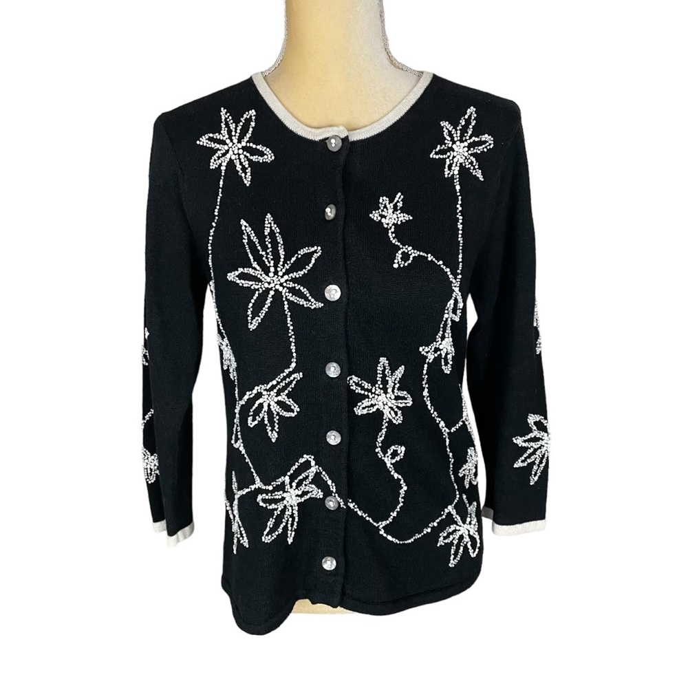 Susan Bristol Black Cardigan Sweater Embroidered Flowers Beads Shell Buttons M